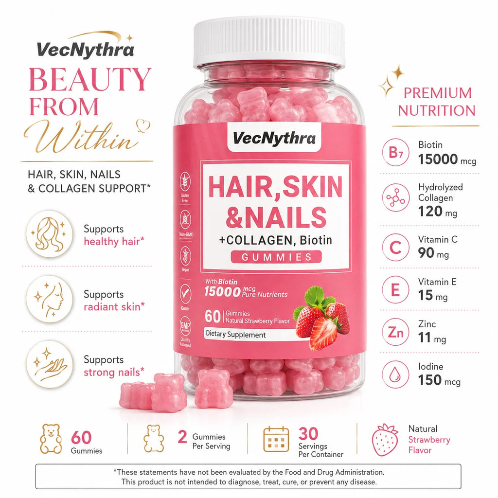 VecNythra Hair Skin Nails Supplement Gummies Biotin 15000mcg Collagen Strawberry Flavor 60 Gummies