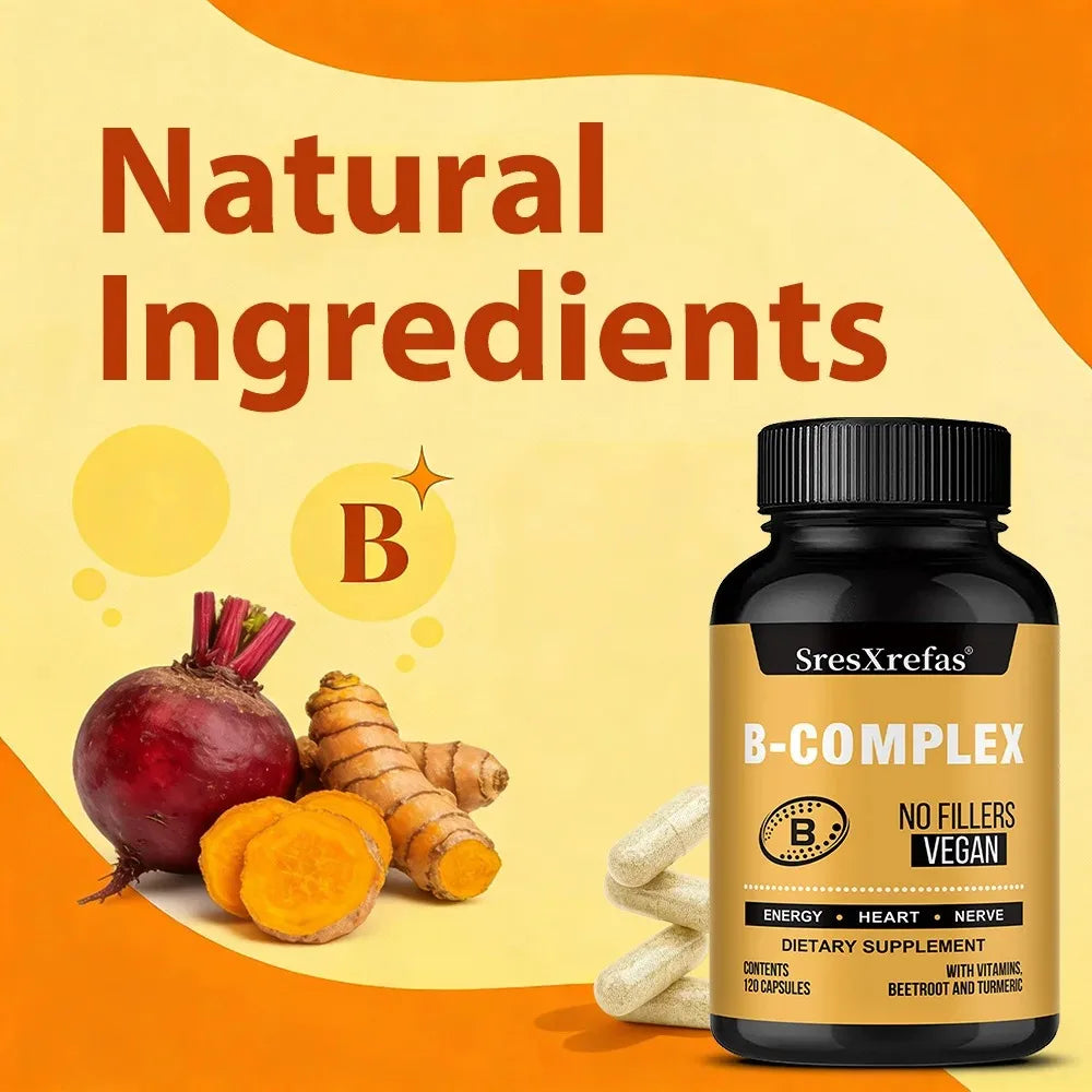 B Vitamin Supplements - with B12 for Mood, Brain, Nervous System, Energy, Metabolism, Relieve Fatigue, Heart Health