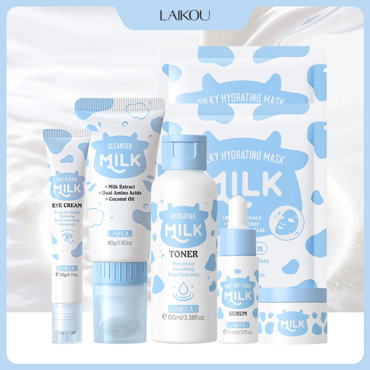 LAIKOU 6Pcs Milk Hydrating Skin Care Set Cleanser Toner Skin Softening Serum Roll & Glow Eye Cream Silky Hydrating Mask Facial K