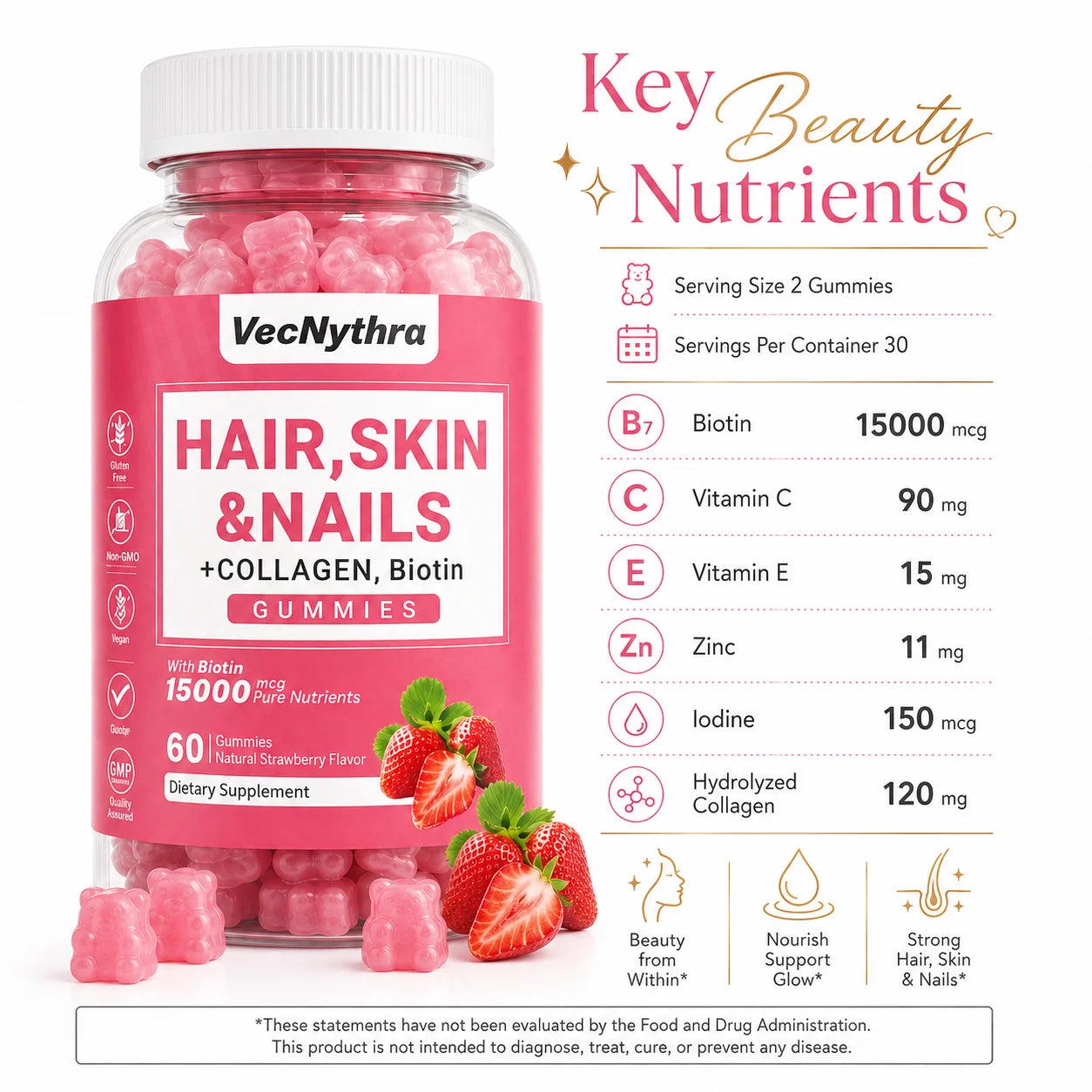 VecNythra Hair Skin Nails Supplement Gummies Biotin 15000mcg Collagen Strawberry Flavor 60 Gummies
