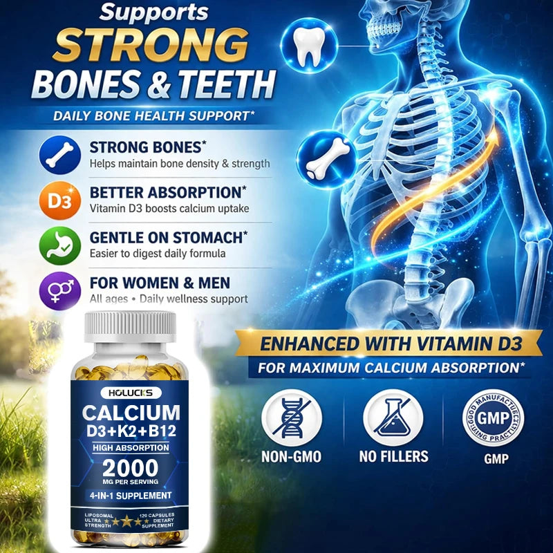 Organic Calcium Supplements, with Vitamin D3 K2, Strong Bone Teeth Joints, Support Heart & Brain Health, for Immune System