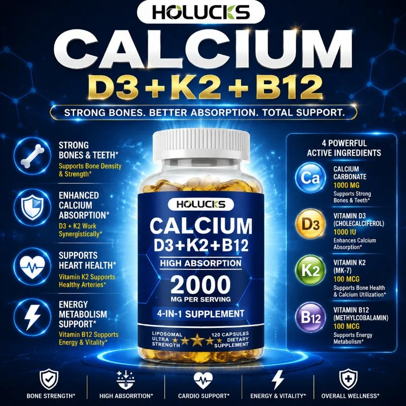 Organic Calcium Supplements, with Vitamin D3 K2, Strong Bone Teeth Joints, Support Heart & Brain Health, for Immune System