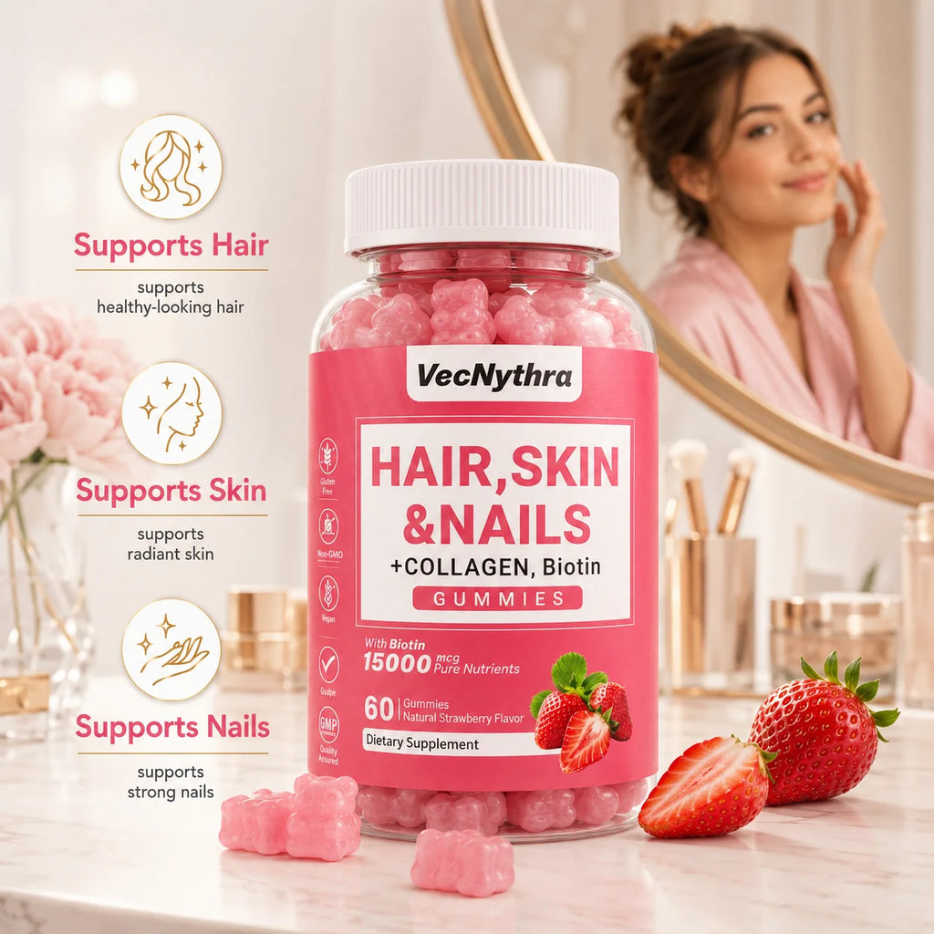 VecNythra Hair Skin Nails Supplement Gummies Biotin 15000mcg Collagen Strawberry Flavor 60 Gummies