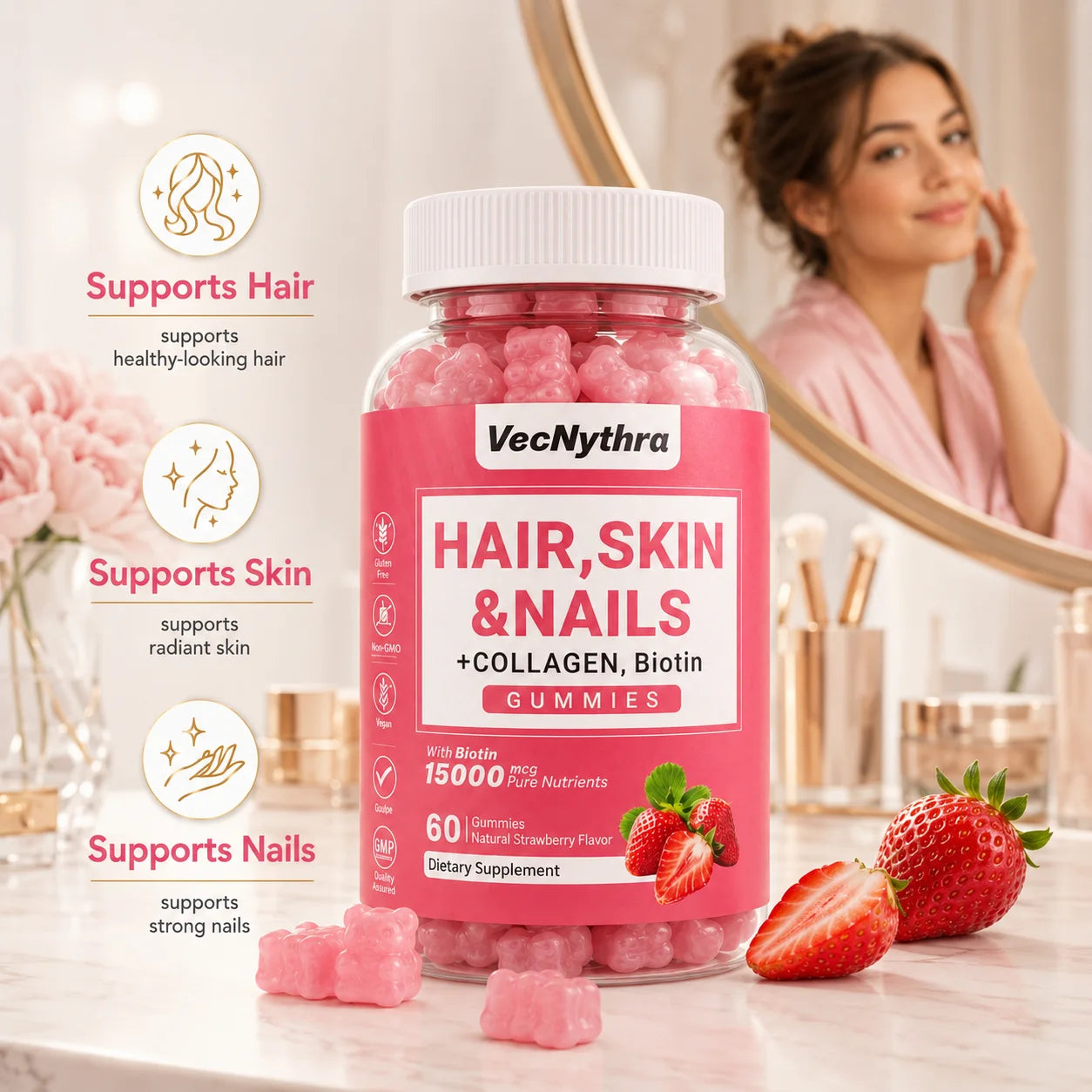 VecNythra Hair Skin Nails Supplement Gummies Biotin 15000mcg Collagen Strawberry Flavor 60 Gummies