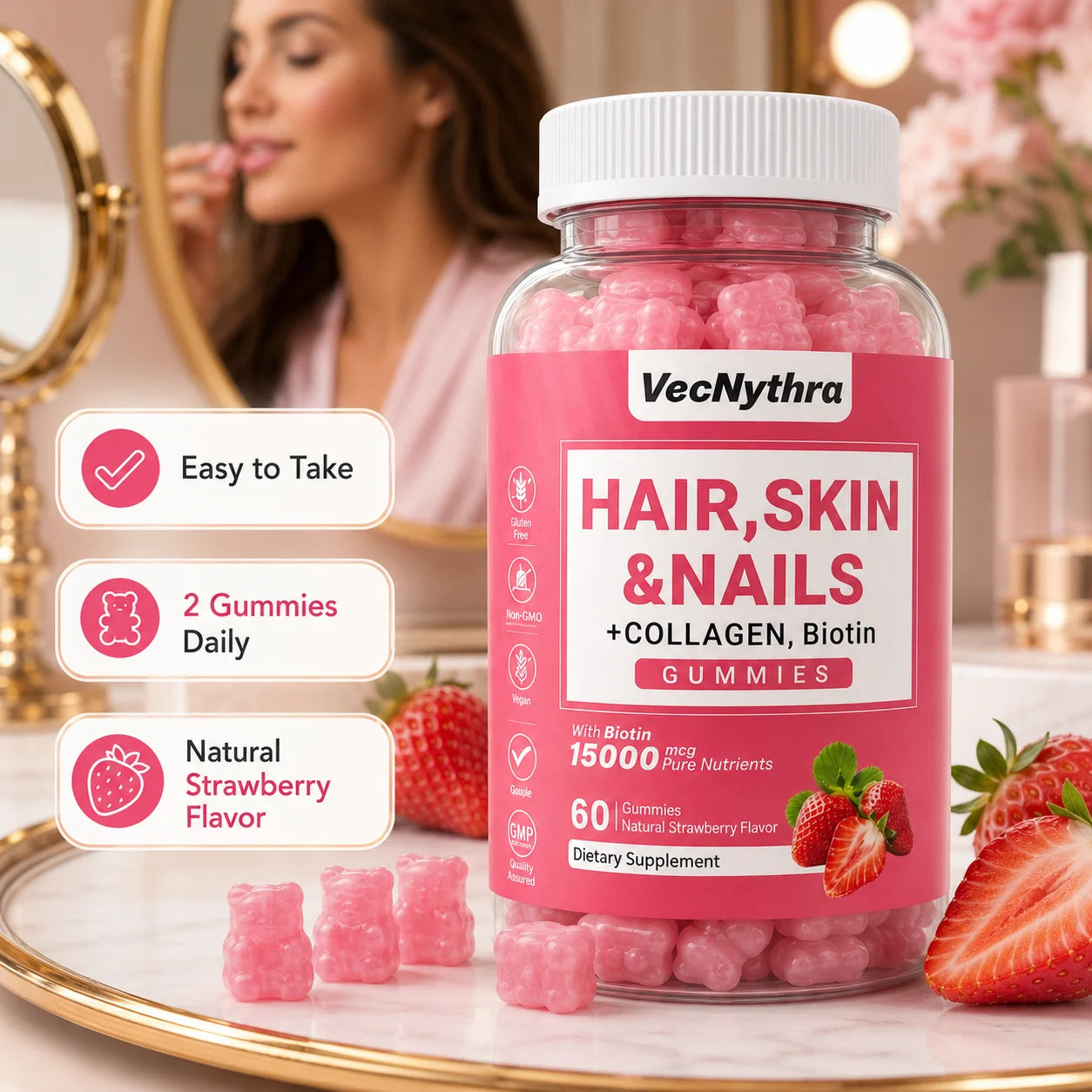 VecNythra Hair Skin Nails Supplement Gummies Biotin 15000mcg Collagen Strawberry Flavor 60 Gummies