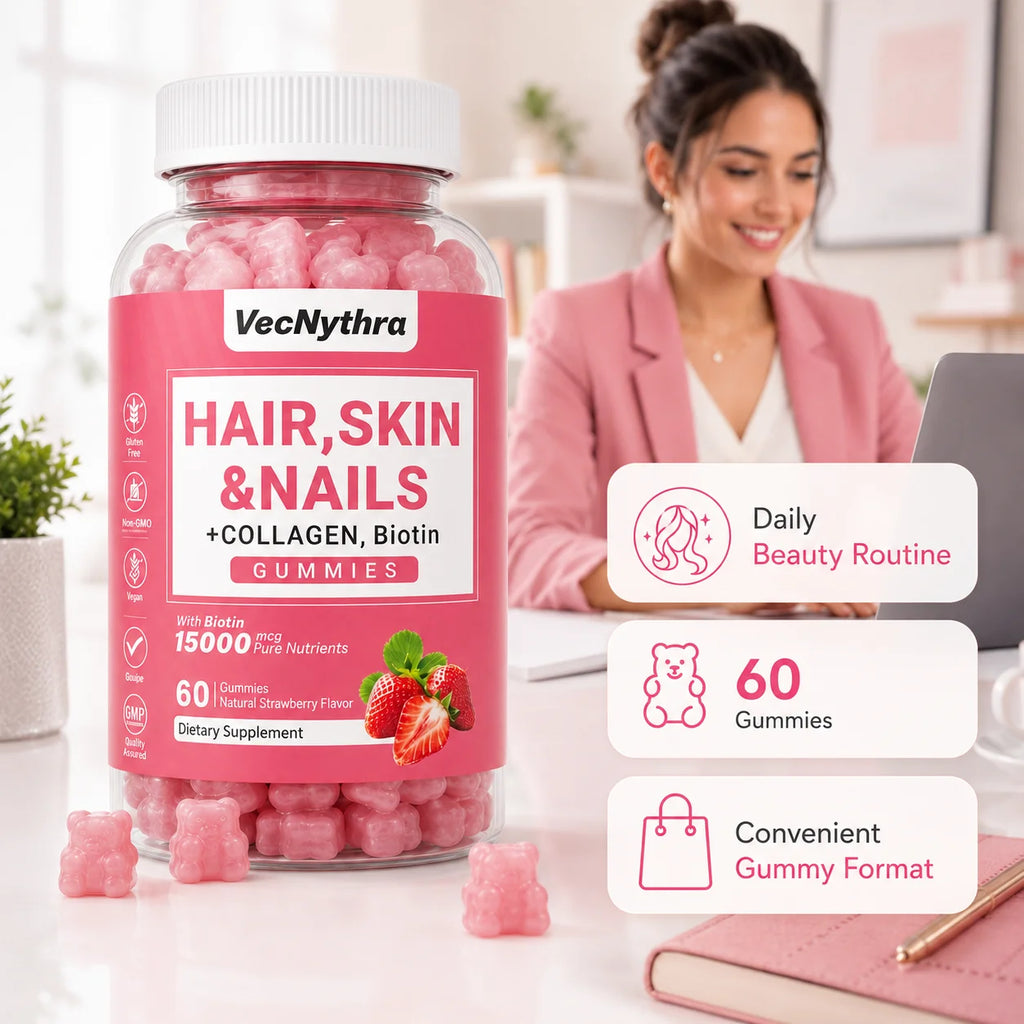 VecNythra Hair Skin Nails Supplement Gummies Biotin 15000mcg Collagen Strawberry Flavor 60 Gummies