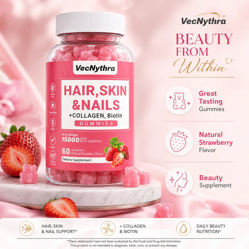 VecNythra Hair Skin Nails Supplement Gummies Biotin 15000mcg Collagen Strawberry Flavor 60 Gummies