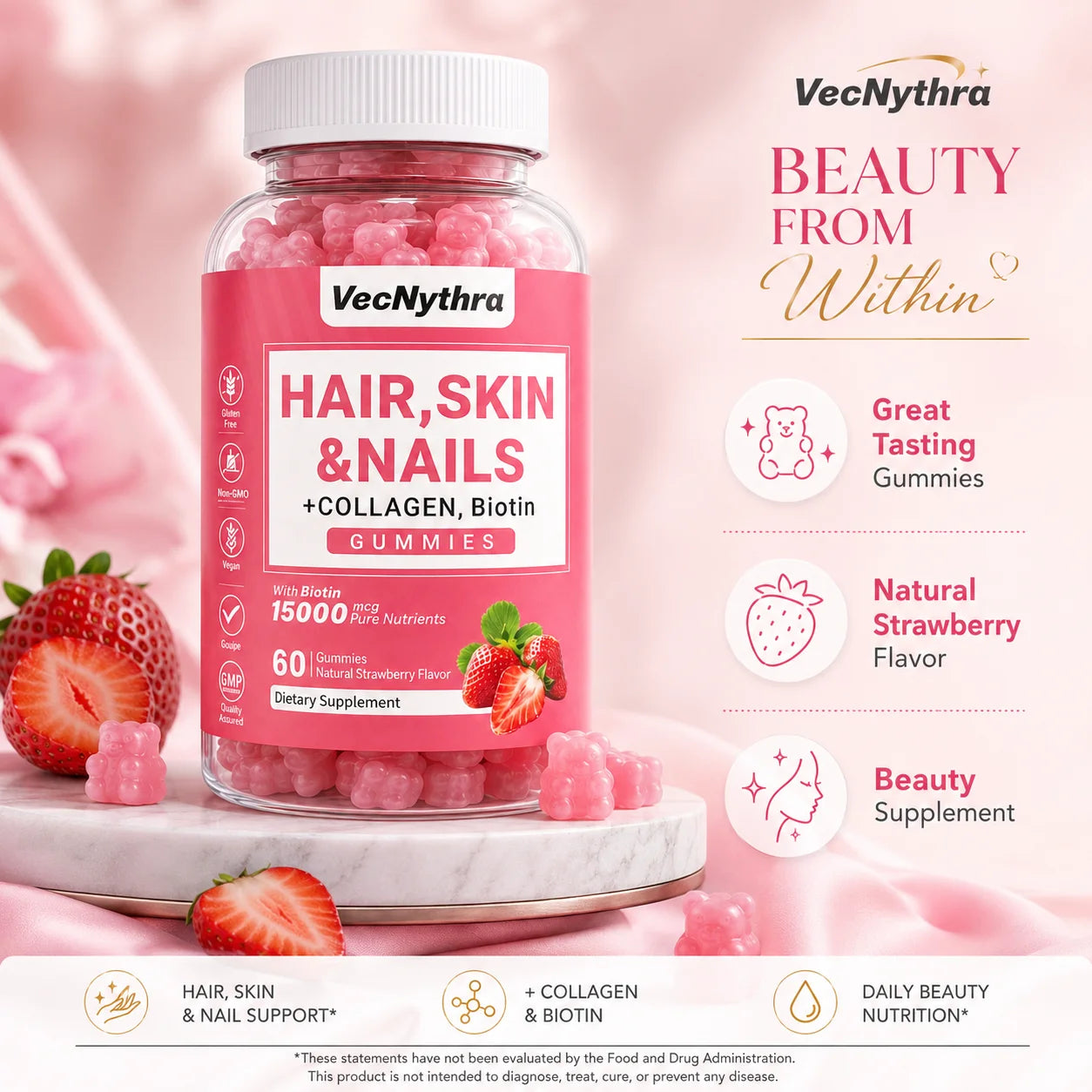 VecNythra Hair Skin Nails Supplement Gummies Biotin 15000mcg Collagen Strawberry Flavor 60 Gummies