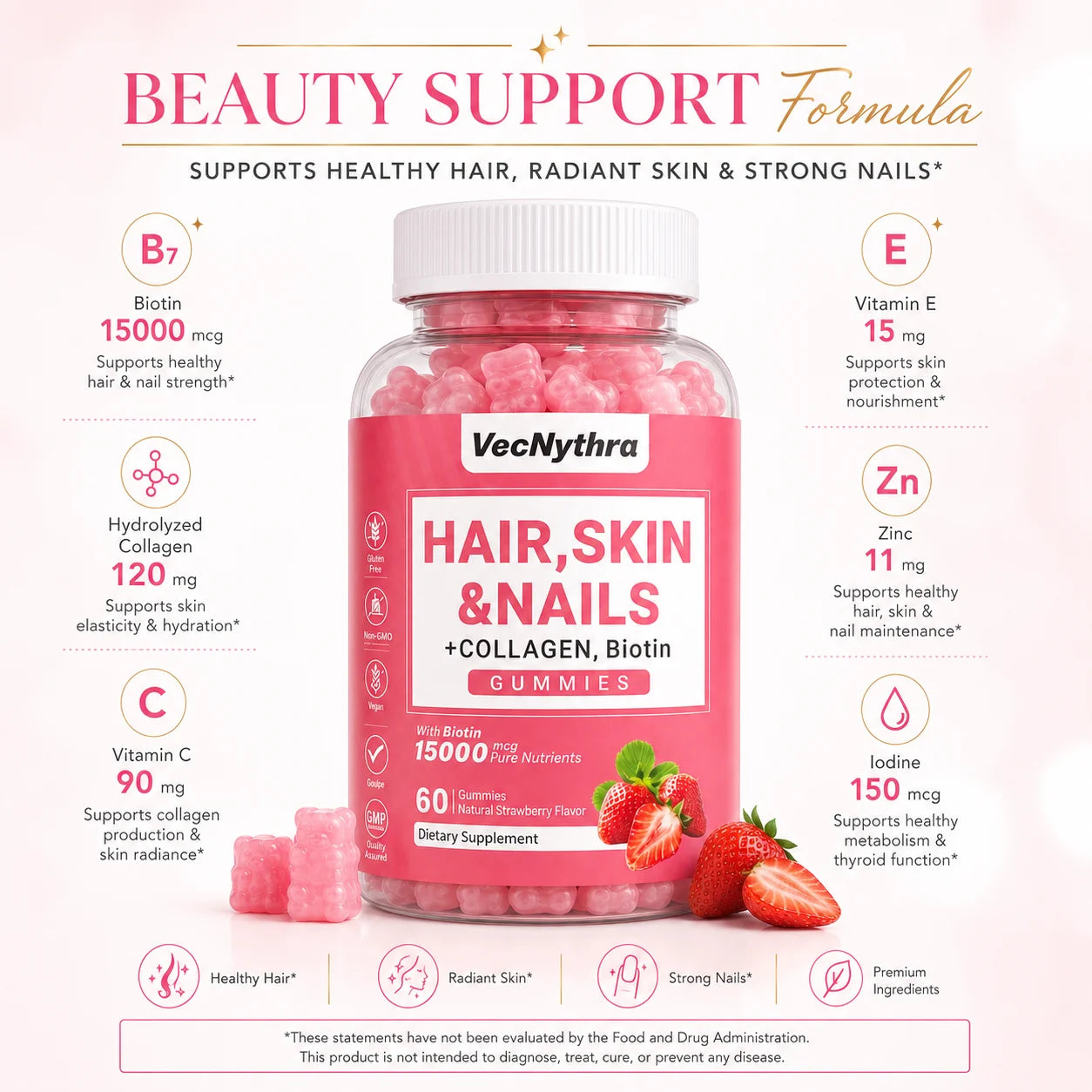VecNythra Hair Skin Nails Supplement Gummies Biotin 15000mcg Collagen Strawberry Flavor 60 Gummies