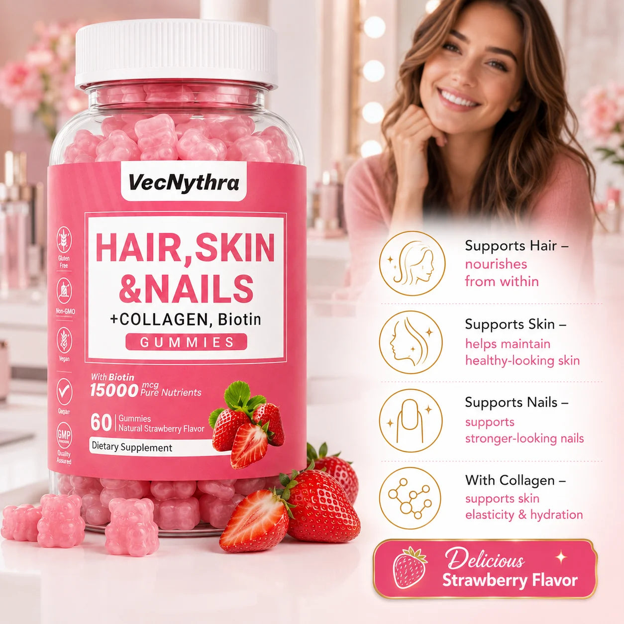 VecNythra Hair Skin Nails Supplement Gummies Biotin 15000mcg Collagen Strawberry Flavor 60 Gummies